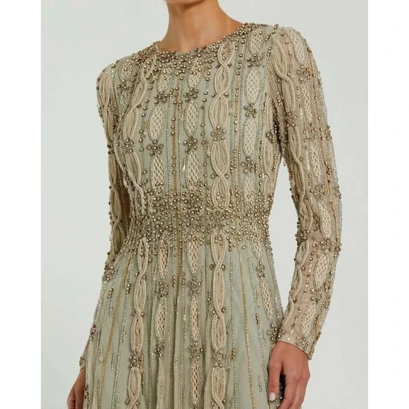 Mac Duggal NEW Embellished Mesh Long Sleeve A Line Gown Nude Sage $1,798 Size 10 - Picture 8 of 16